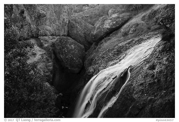 Bear Gulch Reservoir waterfall and upper cave. Pinnacles National Park (black and white)
