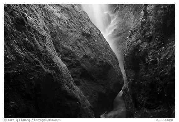 Bear Gulch Cave mossy rocks with waterfall from reservoir. Pinnacles National Park (black and white)