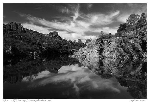 Bear Gulch Reservoir morning reflection. Pinnacles National Park (black and white)