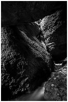 Stream and boulders, Upper Bear Gulch cave. Pinnacles National Park ( black and white)
