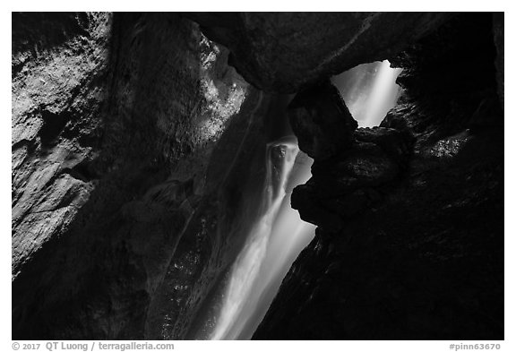 Waterfall in cave. Pinnacles National Park (black and white)