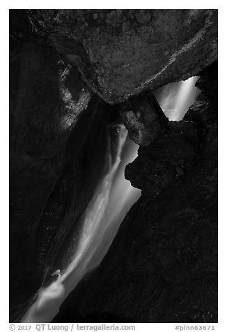 Waterfall, Lower Bear Gulch cave. Pinnacles National Park (black and white)
