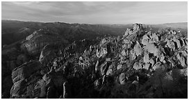 Balconies cliffs and rock pinnacles at sunset. Pinnacles National Park (Panoramic black and white)