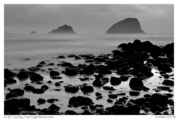 Rocks and sea stacks, blue hour, False Klamath Cove. Redwood National Park, California, USA.