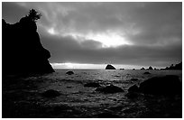 Seastacks and clouds, Hidden Beach, sunset. Redwood National Park, California, USA. (black and white)