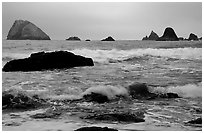 Seastacks and surf in foggy weather, Hidden Beach. Redwood National Park, California, USA. (black and white)