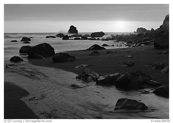 Stream and beach at sunset, False Klamath Cove. Redwood National Park, California, USA.