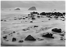 Wave motion over rocks in  purple light of dusk. Redwood National Park, California, USA. (black and white)