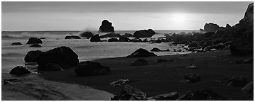 Stream and seastacks at sunset. Redwood National Park (Panoramic black and white)