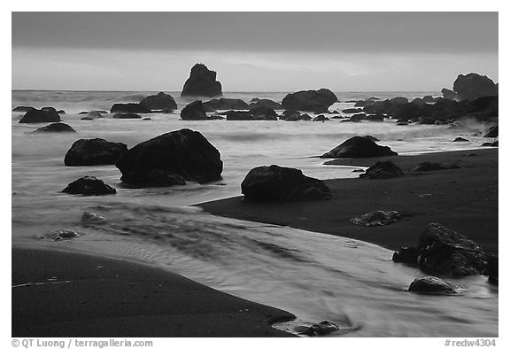 Stream, rocks, and ocean at dusk, False Klamath cove. Redwood National Park, California, USA.