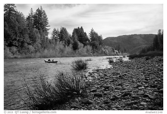 Smith River and boaters, Jedediah Smith Redwoods State Park. Redwood National Park (black and white)