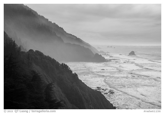 Hills plunge into ocean near Enderts Beach. Redwood National Park (black and white)