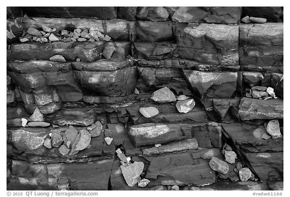 Close-up of rocks and stratified slab, Enderts Beach. Redwood National Park (black and white)