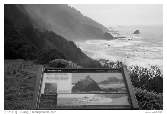 Enderts Beach, Seastacks interpretive sign. Redwood National Park (black and white)