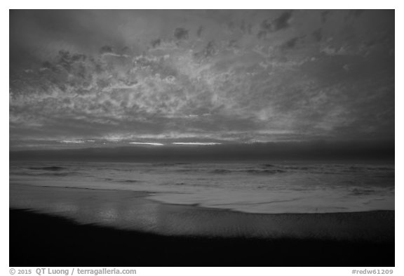 Brilliant clouds at sunset, Gold Bluffs Beach, Prairie Creek Redwoods State Park. Redwood National Park (black and white)