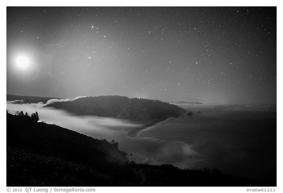 Mouth of Klamath River and moon at night. Redwood National Park (black and white)