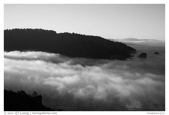 Low fog at the mouth of Klamath River. Redwood National Park (black and white)