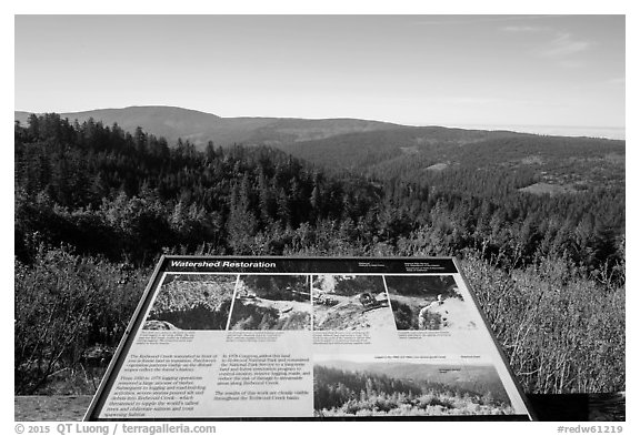 Redwood Creek watershed restoration interpretive sign. Redwood National Park (black and white)