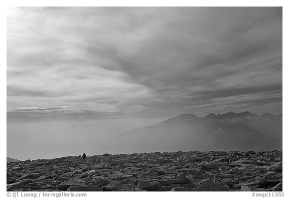 Clouds and distant range from Mt Whitney summit. Sequoia National Park (black and white)