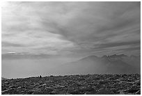 Clouds and distant range from Mt Whitney summit. Sequoia National Park, California, USA. (black and white)