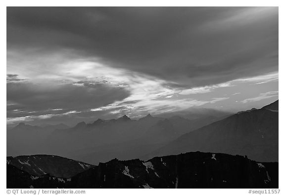 Clouds and mountain range at sunset. Sequoia National Park (black and white)