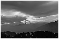 Clouds and mountain range at sunset. Sequoia National Park, California, USA. (black and white)