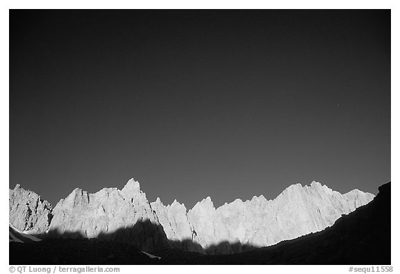 Mt Whitney range at sunrise and blue sky. Sequoia National Park (black and white)