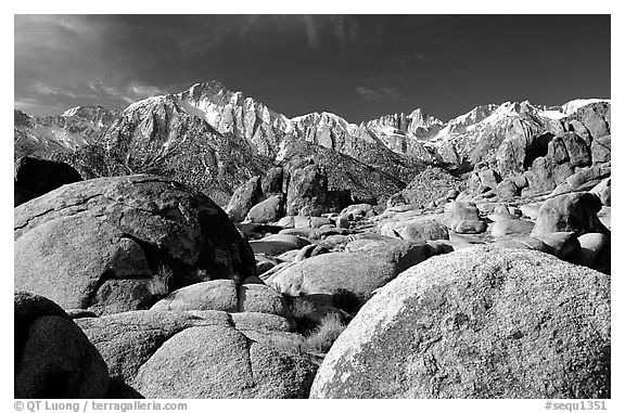 Volcanic boulders in Alabama hills and Sierras, morning. Sequoia National Park, California, USA.
