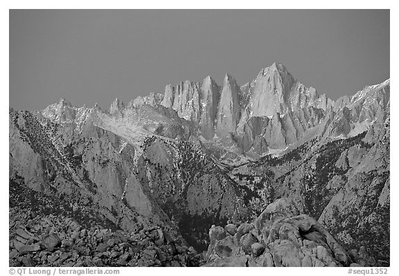 Alabama hills and Mt Whitney, dawn. Sequoia National Park (black and white)