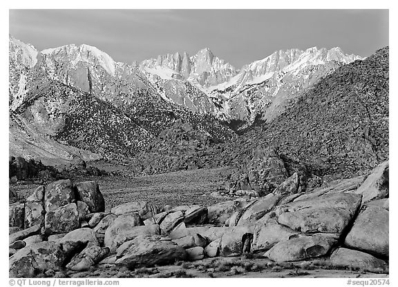 Volcanic boulders in Alabama hills and Mt Whitney, dawn. Sequoia National Park (black and white)