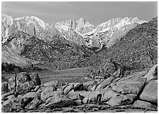 Volcanic boulders in Alabama hills and Mt Whitney, dawn. Sequoia National Park ( black and white)