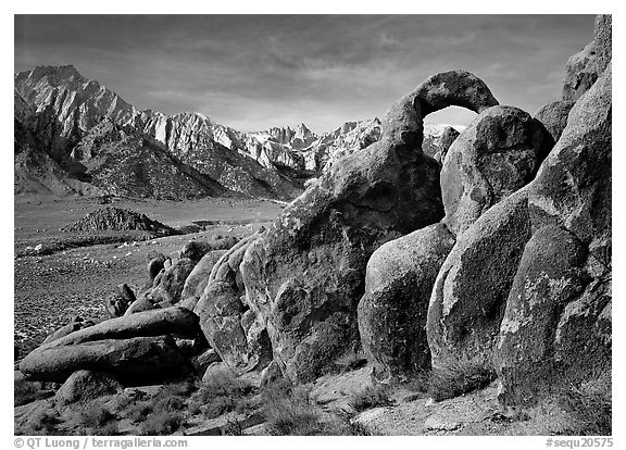 Rock arch and Sierra Nevada range with Mt Whitney, morning. Sequoia National Park (black and white)