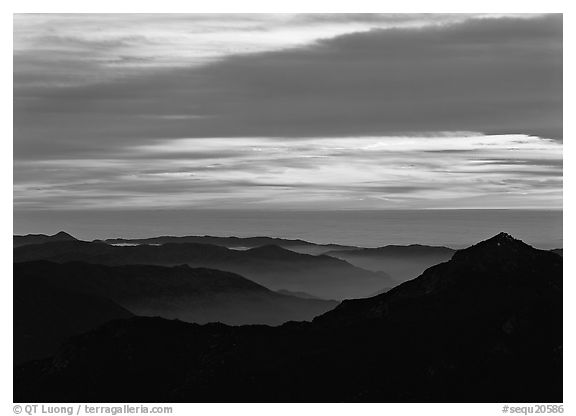 Ridges and sea of clouds at sunset. Sequoia National Park (black and white)