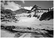 Monarch lake half-frozen in early summer. Sequoia National Park ( black and white)