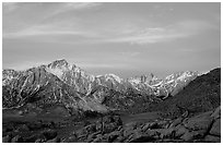 Alabama hills and Sierras, winter sunrise. Sequoia National Park, California, USA. (black and white)