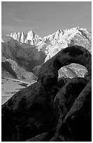 Alabama hills arch I and Sierras, sunrise. Sequoia National Park, California, USA. (black and white)