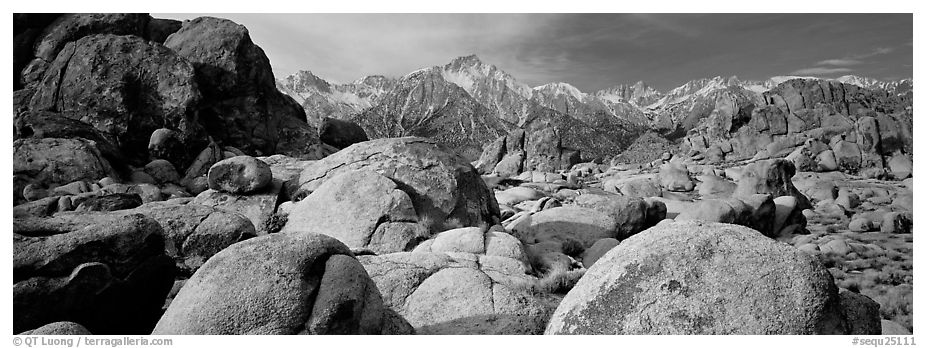 Alabama Hills boulders and Sierra Nevada. Sequoia National Park (black and white)
