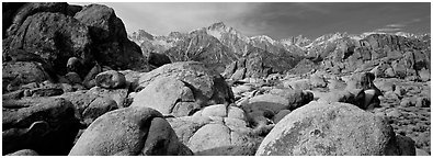 Alabama Hills boulders and Sierra Nevada. Sequoia National Park (Panoramic black and white)