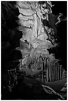Subterranean passage with ornate cave formations, Crystal Cave. Sequoia National Park, California, USA. (black and white)