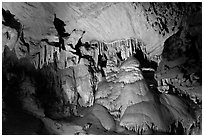 Calcite flowstone and cave curtains, Dome Room, Crystal Cave. Sequoia National Park, California, USA. (black and white)