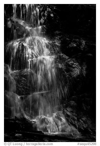 Waterfall with water shining in spot of sunlight, Cascade Creek. Sequoia National Park (black and white)