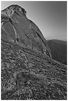 Granite slabs and dome of Moro Rock at sunset. Sequoia National Park, California, USA. (black and white)
