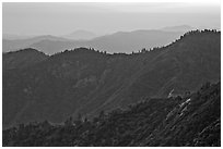 Forested ridges at sunset seen from Moro Rock. Sequoia National Park, California, USA. (black and white)