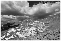 High Sierra landscape with frozen tarns and afternoon clouds. Sequoia National Park ( black and white)