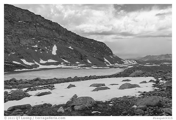 High country with frozen lake in spring. Sequoia National Park (black and white)
