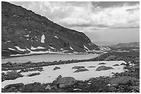 High country with frozen lake in spring. Sequoia National Park ( black and white)