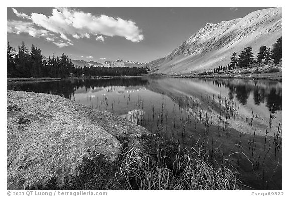 Rock, Lake, Diamond Mesa in the distance. Sequoia National Park (black and white)