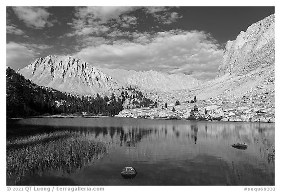 Timberlane Lake and Mt Whitney, late afternoon. Sequoia National Park (black and white)