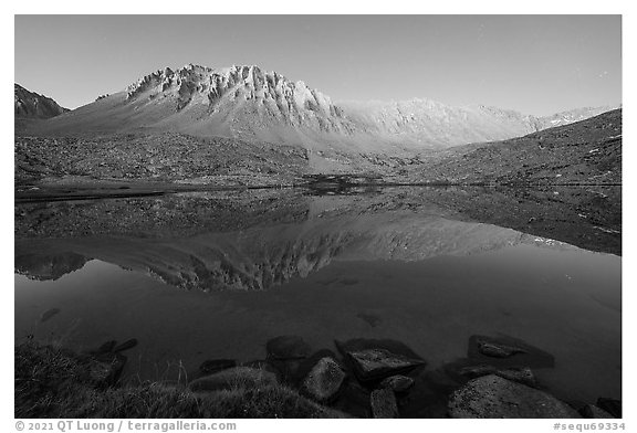 Mt Whitney reflected in Guitar Lake, twilight. Sequoia National Park (black and white)