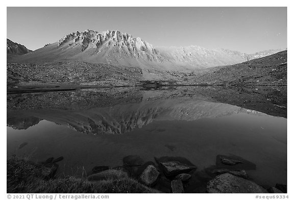 Mt Whitney reflected in Guitar Lake, twilight. Sequoia National Park, California, USA.